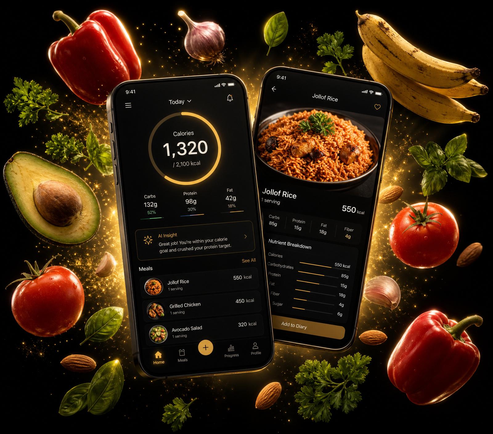 NourrishAfrica premium mobile app showing calorie tracking and Jollof Rice nutrition, surrounded by fresh African ingredients